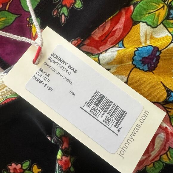 JOHNNY WAS Top Womens XS Black Floral Spark Dolman Stretch Jersey Bohemian - Picture 2 of 10